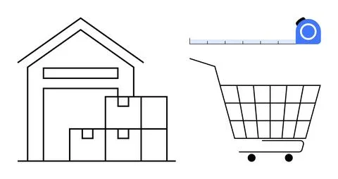 Black outline drawing of a warehouse with boxes, a shopping cart, and a tape  Ilustración de archivo