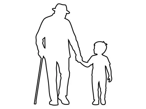 Black outline of an elderly man with a cane walking with child boy holding hands Stock Illustration