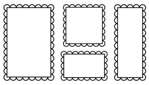 Black Outline Frames with Corrugated Edges Isolated on White. Simple Labels.. Illustrazione stock