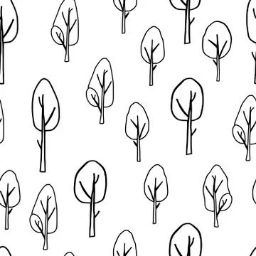 Black outline hand drawing vector illustration of a group of deciduous trees イラスト素材