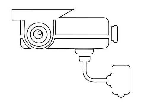 Black outline illustration of a security camera isolated on white background. Stock Illustration