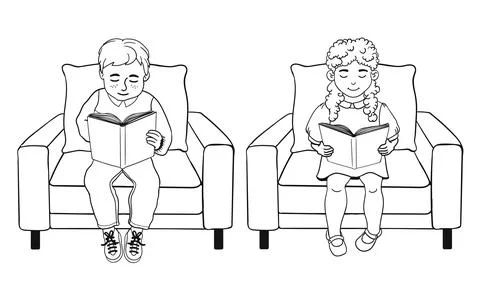 Black Outline Illustration Set of Cute Children Sitting in Armchairs and Reading Illustrazione stock