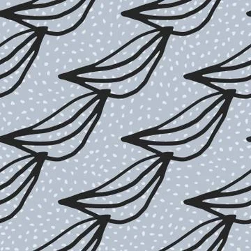 Black outline leaves seamless pattern. Blue background with black dots. Simpl Stock Illustration