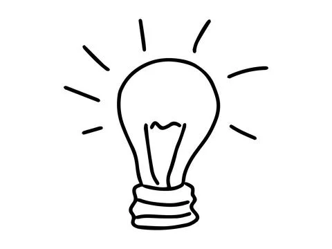 Black outline of light bulb with rays on white background. Concept of creativ Illustrazione stock