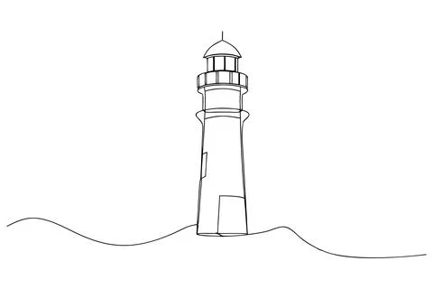 Black outline of a lighthouse on wavy ground black and white Stock-Illustration