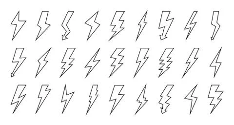 Black outline lightning bolt icon flash vector set Stock Illustration