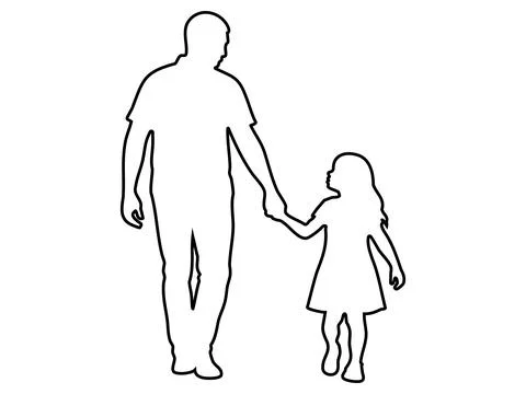 Black outline of a man walking while holding hands with child girl isolated on Stock Illustration