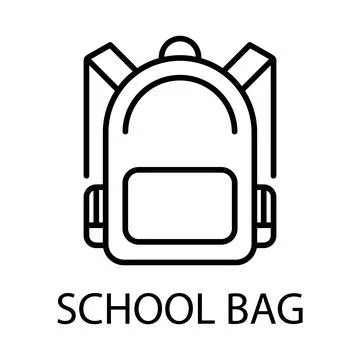 Black outline of a school backpack with the words school bag below symbol Stock Illustration