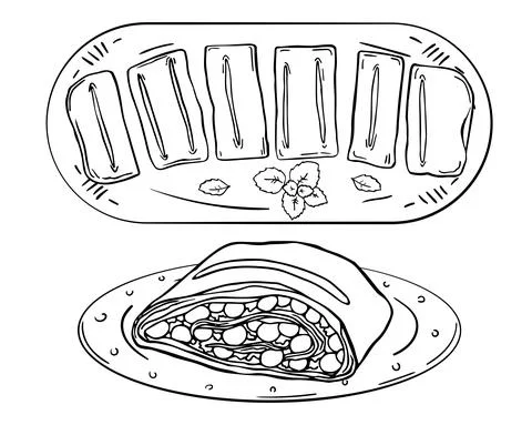 Black outline set slice and whole Viennese cherry strudel on plates. Stock Illustration
