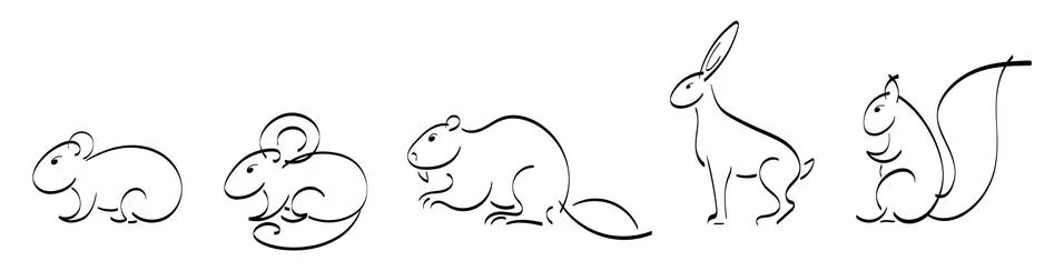 Black outline set of squirrel, mouse, hamster, hare, rabbit, guinea pig, beav Stock Illustration