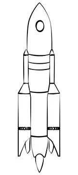 Black outline space rocket with flame from nozzles isolated on white. Stock Illustration