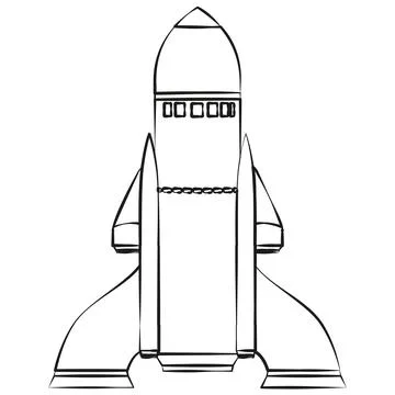 Black outline of space rocket with massive racks, isolated on white. Stock Illustration