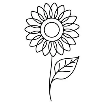 Black outline of a sunflower with one leaf black and white Stock Illustration