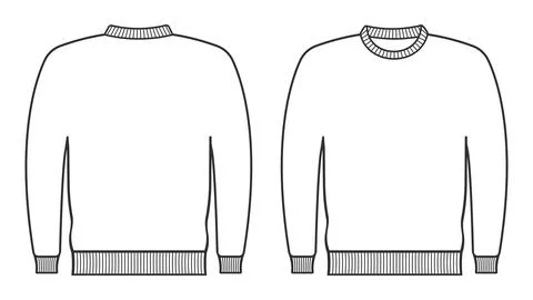 Black outline technical drawing of a blank sweatshirt with front and back v.. Stock Illustration