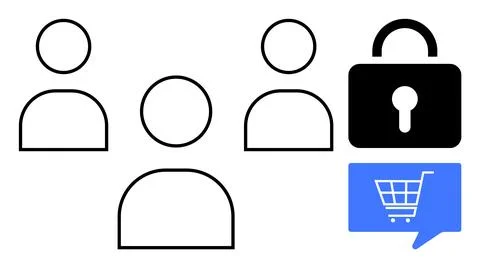 Black outline user icons, security lock symbol, and blue speech bubble with s Illustrazione stock