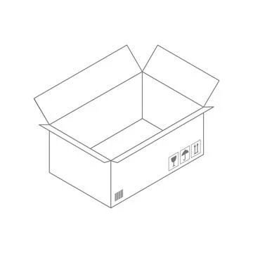 Black outline vector box on white background. Empty cardboard box opened is.. Stock Illustration