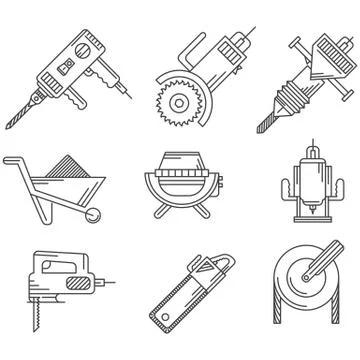 Black outline vector icons for construction equipment Stock Illustration