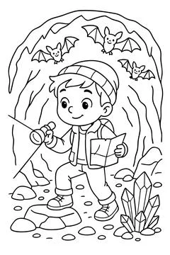 Black outline of young boy explorer with map in cave, bats flying overhead Stock Illustration