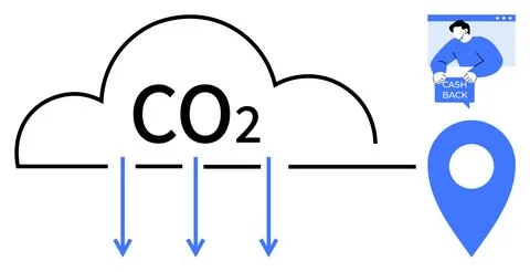 Black outlined cloud with CO2 text, blue arrows pointing downwards, blue loca Stock Illustration