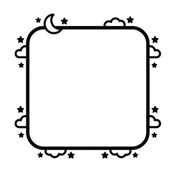 Black outlined square frame with stars and moon design on white background Stock Illustration