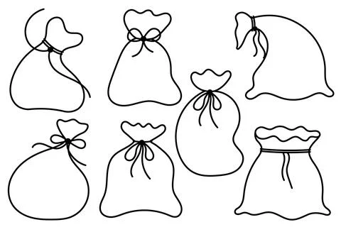 Black outlines of new year sacks. Set of simple full santa claus gift sacks. Stock Illustration
