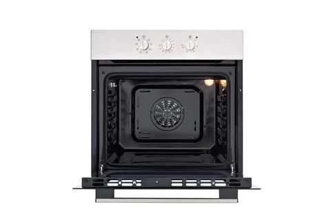 Black oven with silver top, three control knobs. Open door. Front view Stock Photos