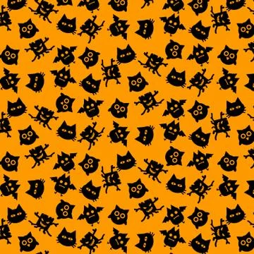 Black Owl Bat Cat and Demon of Halloween icons seamless pattern vector design 스톡 일러스트