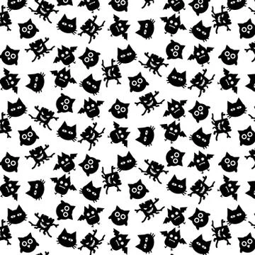 Black Owl Bat Cat and Demon of Halloween icons seamless pattern vector design Stock Illustration