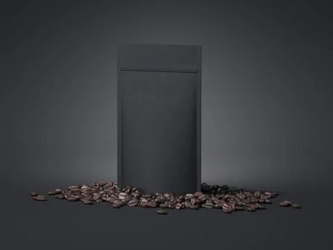 Black package and coffee beans. 3d rendering Stock-Illustration