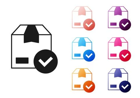 Black Package box with check mark icon isolated on white background. Parcel box Illustrazione stock