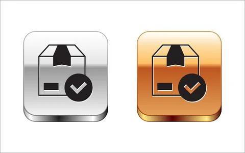 Black Package box with check mark icon isolated on white background. Parcel box Stock Illustration