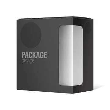 Black Package Box with a transparent plastic window. Vector illustration Stockillustratie