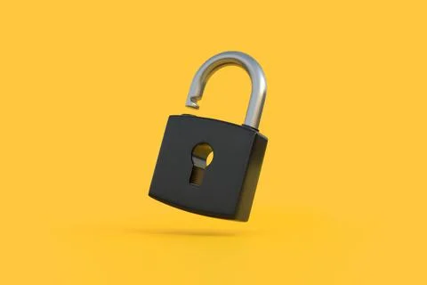 Black padlock on a yellow background. Security concept. 3D render 스톡 일러스트