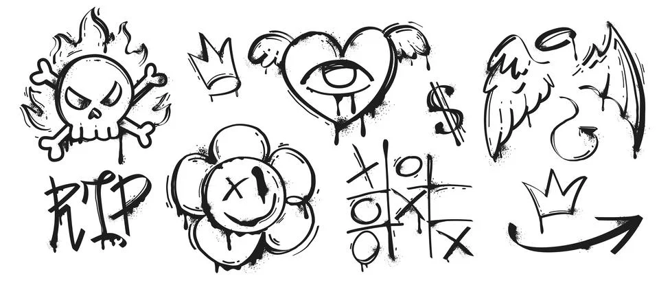 Black paint spray graffiti with splatter and drips symbols Illustrazione stock