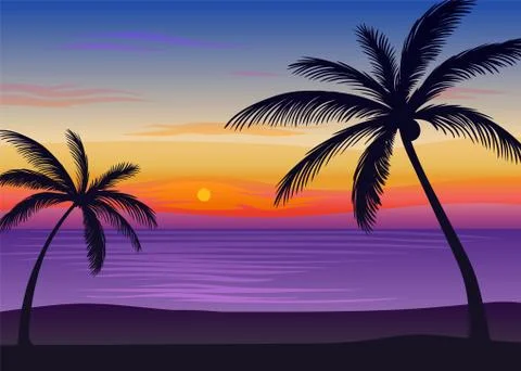 Black palm trees on the background of the sea. Vector illustration on white Stock Illustration