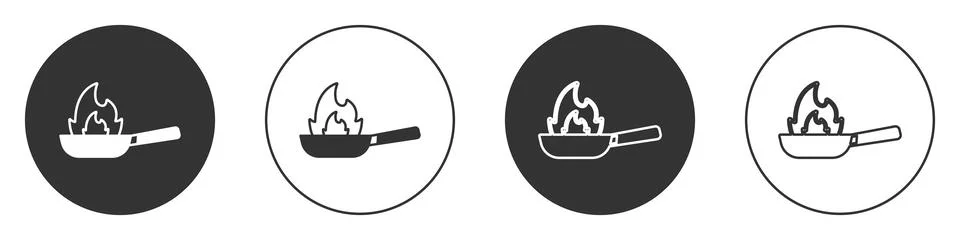 Black Pan with fire icon isolated on white background. Circle button. Vector Stock Illustration