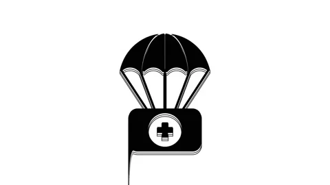 Black Parachute with first aid kit icon isolated on white background. Medical Stock Footage 233807488