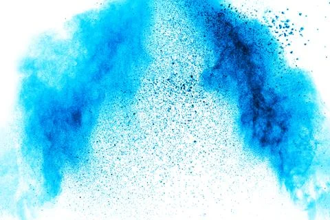 Black particles splatter on white background. Black powder dust burst. Stock Photos