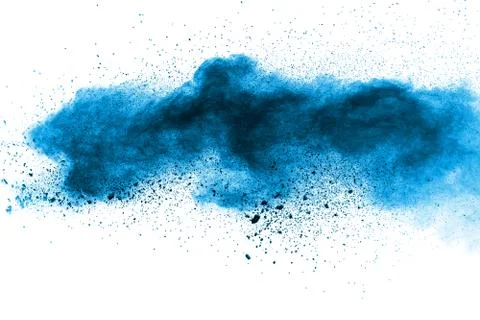 Black particles splatter on white background. Black powder dust burst. Stock Photos