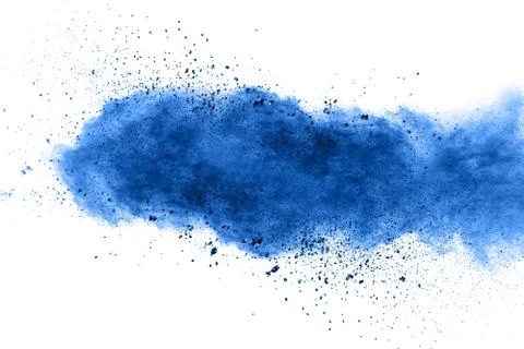 Black particles splatter on white background. Black powder dust burst. Stock Photos