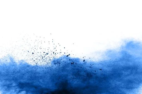 Black particles splatter on white background. Black powder dust burst. Foto stock