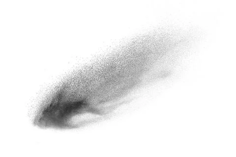 Black particles splatter on white background. Black powder dust exploding. Stock Photos