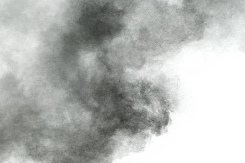 Black particles splattered on white background. Black powder dust splashing. Foto stock