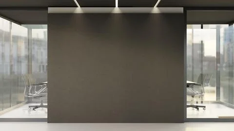 Black partition wall of a modern office meeting room with glass window wall.. Ilustración de archivo
