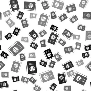 Black Passport with biometric data icon isolated seamless pattern on white .. Illustrazione stock