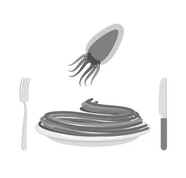 Black pasta with cuttlefish ink ingredient. Spaghetti on a plate. Vector illu Stock Illustration