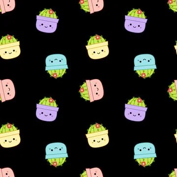 Black pattern with cactuses. Squishmallow. Cute cactus. Kawaii, Vector Illustrazione stock