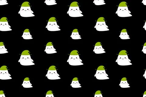 Black pattern with ghosts. Squishmallow. Cute ghost. Kawaii, Vector 스톡 일러스트