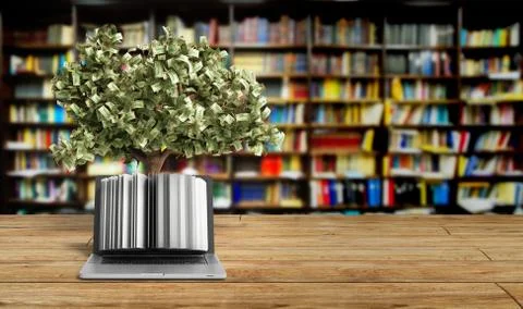 Black pc with money tree 3d render Success knowlage concept Stock-Illustration