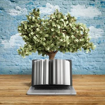 Black pc with money tree breeck background 3d render Success knowlage concept Stock-Illustration